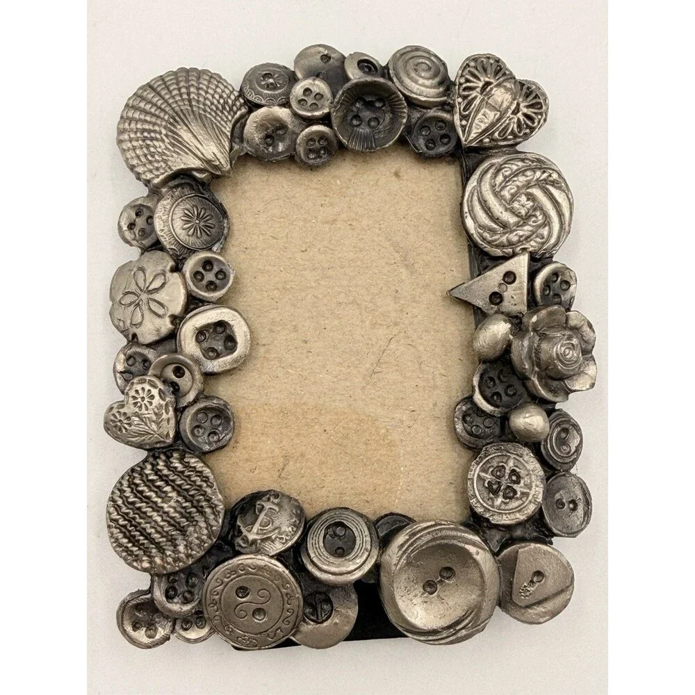 Vintage Pewter Button Picture Frame 4.25x3.5